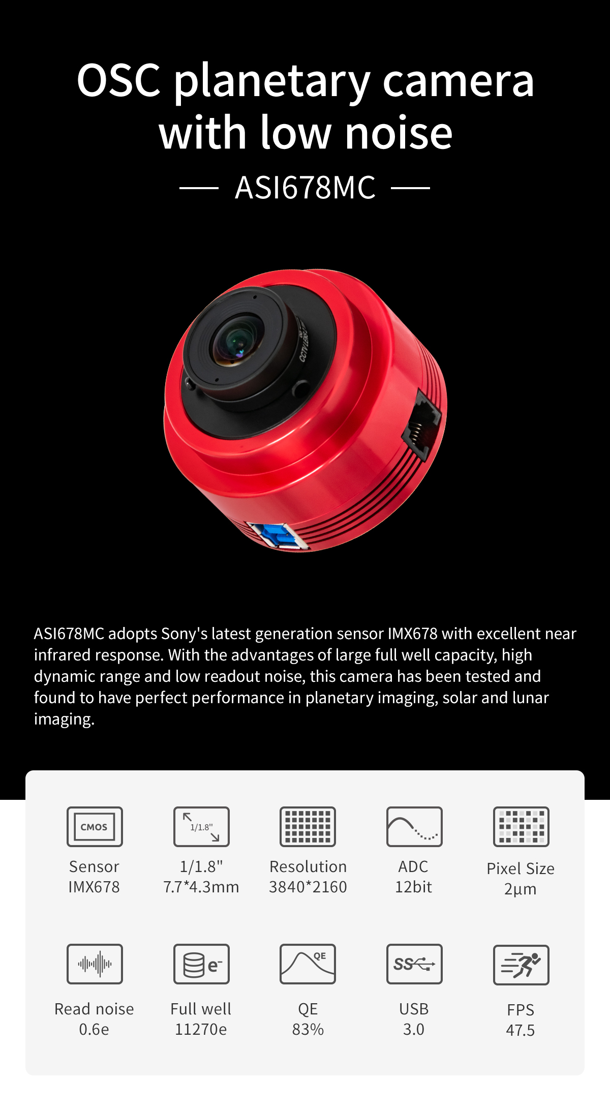 ZWO ASI 678MC USB3.0 Colour Imaging Camera Rother Valley Optics Ltd