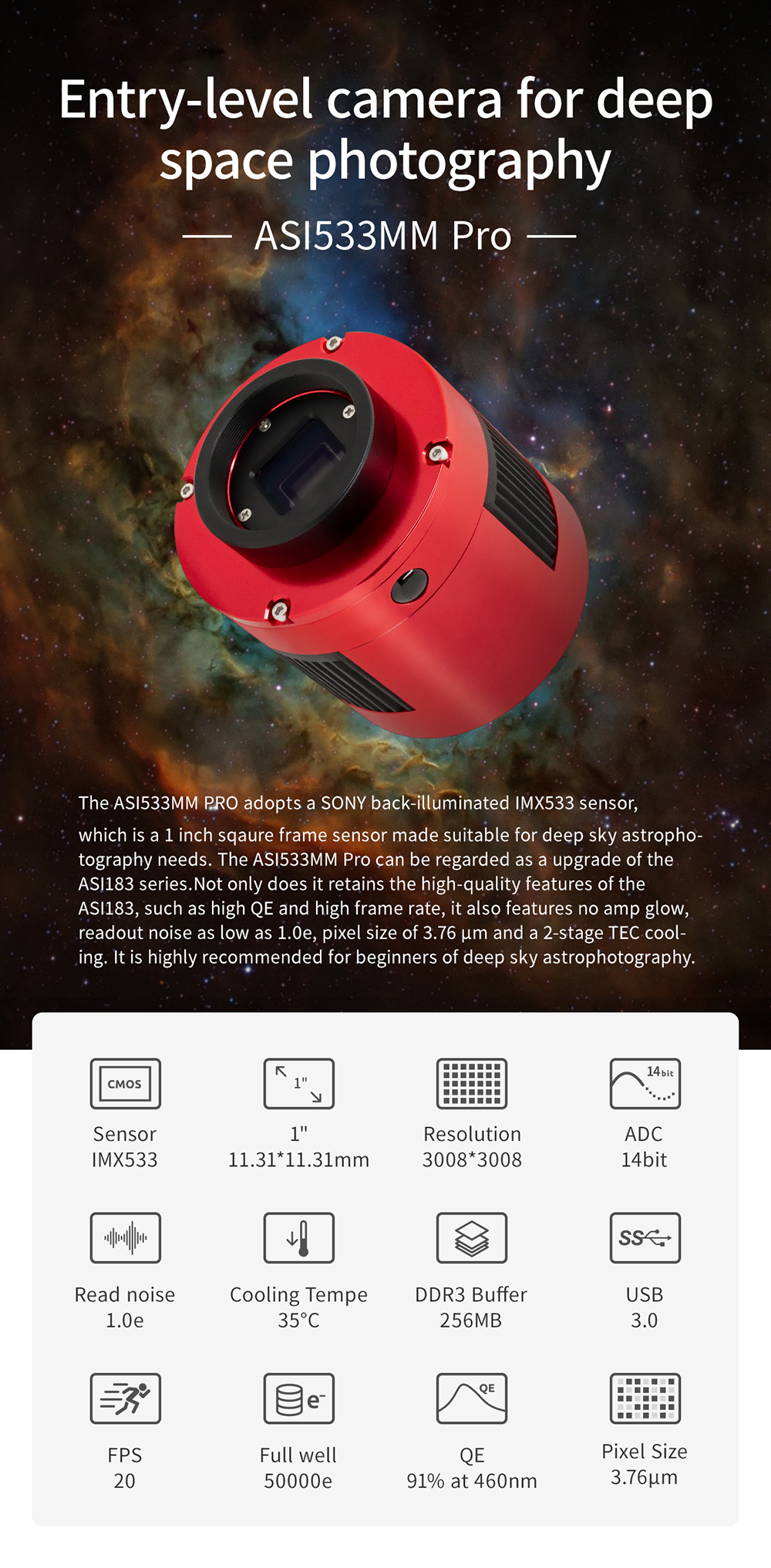 ZWO ASI 533MM Pro Cooled Monochrome Deep Sky Imaging Camera